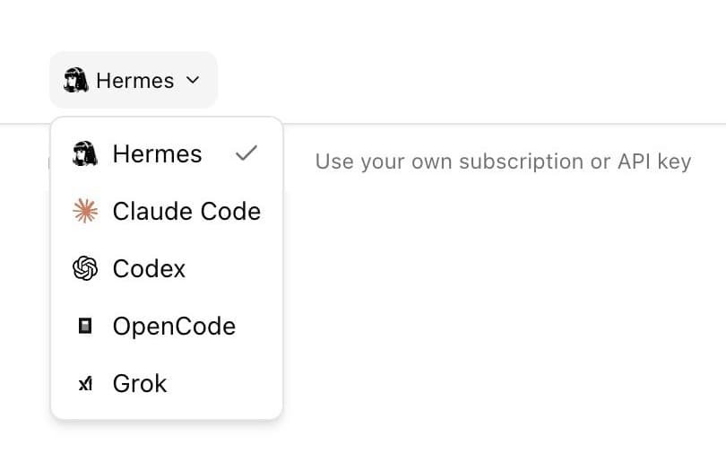 Agent 37 agent picker open on Hermes, Claude Code, Codex, OpenCode, and Grok