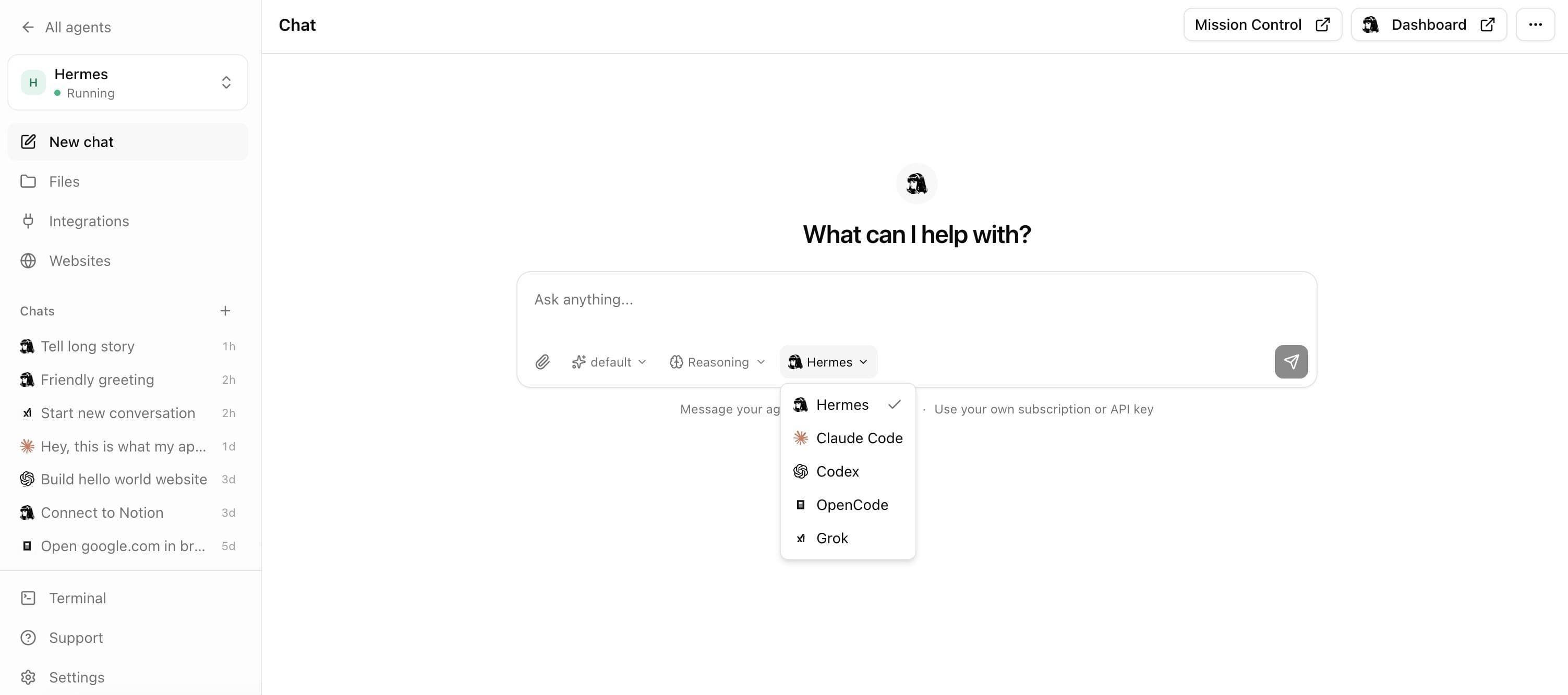 Agent 37 chat with the agent picker open on Hermes, Claude Code, Codex, OpenCode, and Grok
