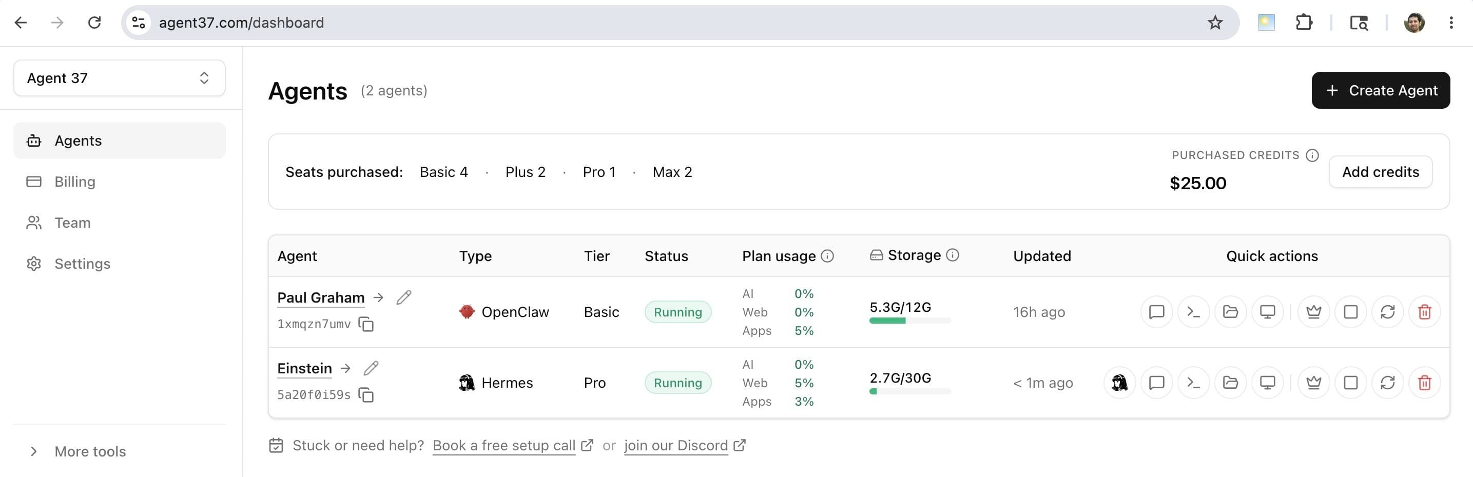Agent 37 dashboard listing OpenClaw and Hermes agent instances with status, usage, storage, and quick actions