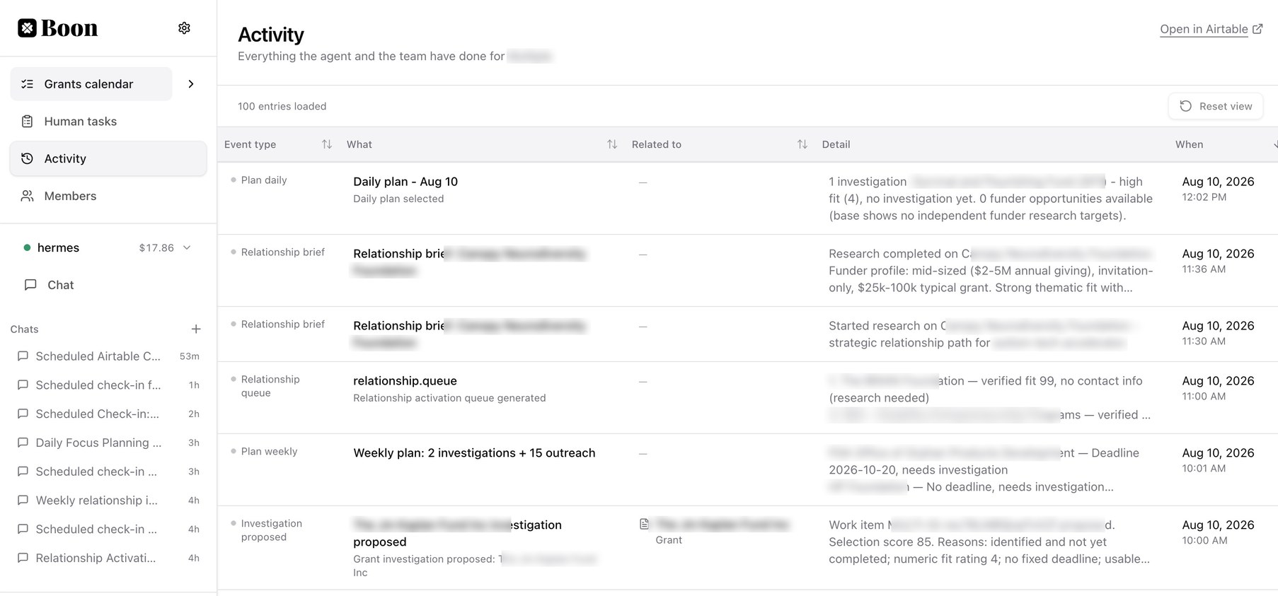 Boon's dashboard: one client agent's activity log over a single morning, with client and funder names removed